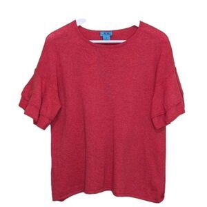 Two Bees Cashmere Red Ruffle Short Sleeves Knit Top Size M